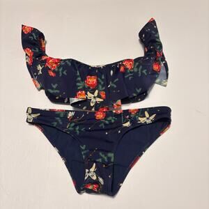 Roxy Floral One Shoulder Bikini Set Navy Ruffle Top High Waist Bottom S XS